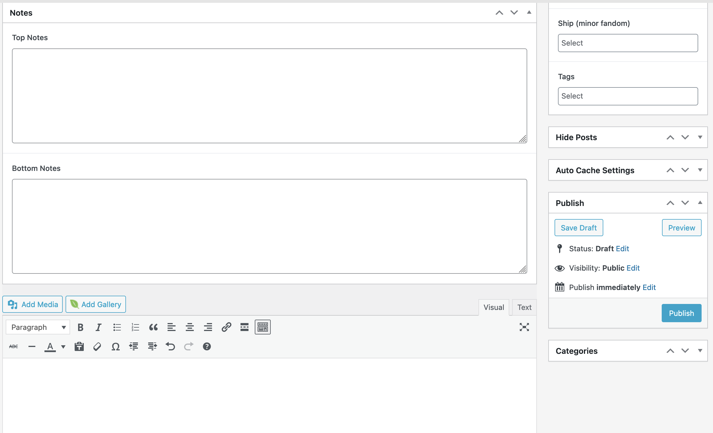 A continuation of the previous screenshot. The larger left side column has "Notes" with fields for "Top Notes" and "Bottom Notes," as well as a rich text editor underneath for the fic body text. The right column has a field (continuation of categorical) for "Ship (minor fandom)", and "Tags"; and a category called "Publish" with options to save draft, preview, and post. Collapsed menus on the right column include "Hide Posts," "Auto Cache Settings," and "Categories."